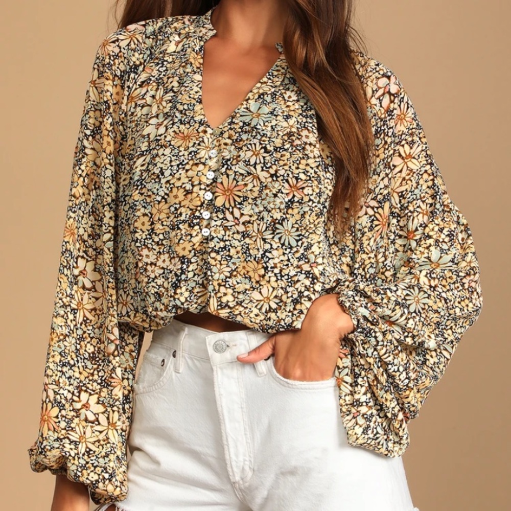 Lulus Season of Blooms Cream Multi Floral Print Balloon Sleeve Top